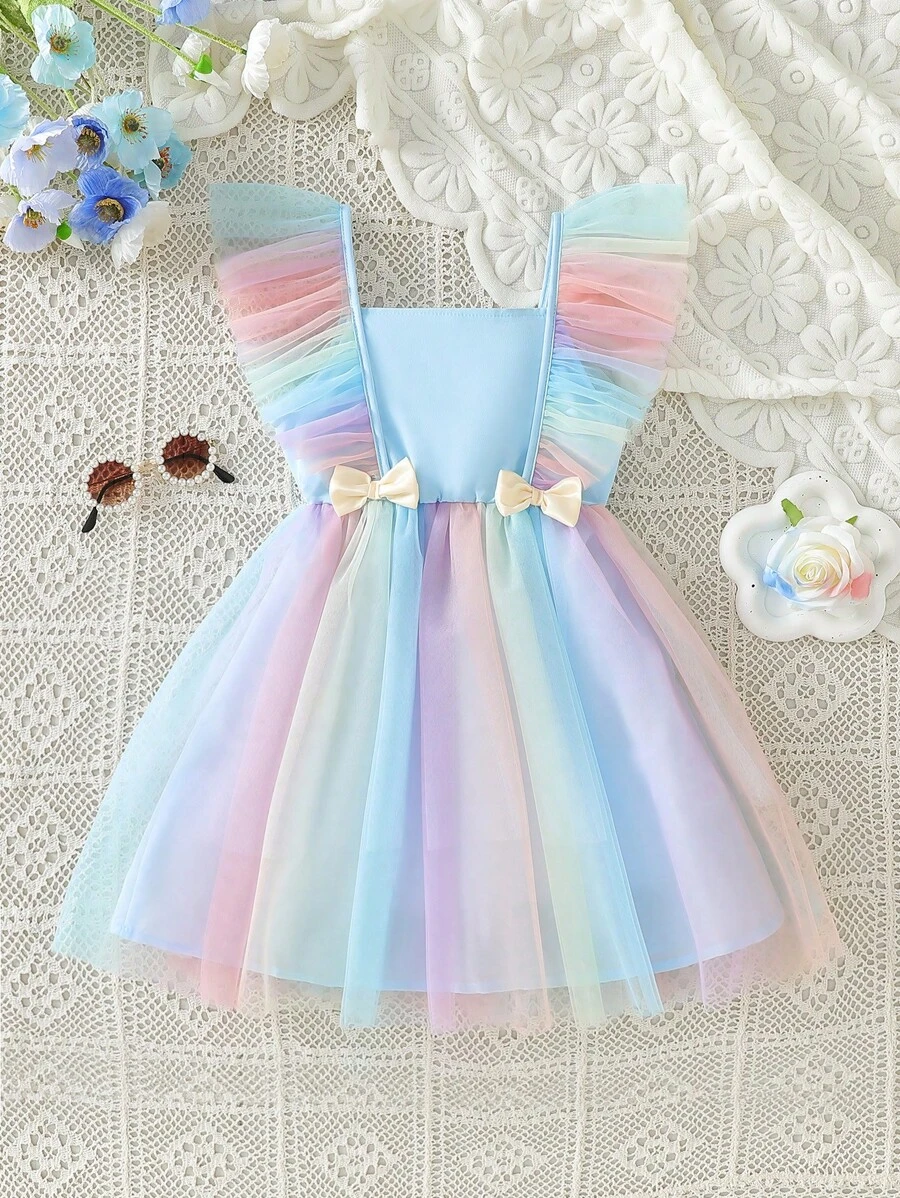 SHEIN 1 pezzo Elegante abito da festa per ragazze rosa con vita vita arricciata, fiocco, maniche a campana in tulle colorato, adatto per ragazze dolci