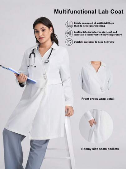Scrubzie Plus Size Anti-Wrinkle, Moisture-Wicking Criss-Cross Wrap Women's /Lab Coat, White Coat
