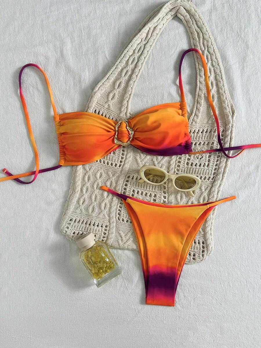 Swim Vcay Bộ bikini gợi cảm in họa tiết ombre cho nữ 2 món, áo hở cổ và quần lọt khe in họa tiết ombre có thể điều chỉnh, bộ bikini để tắm nắng, đi nghỉ, tiệc bơi - Nhiều màu - Xem 1