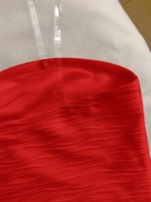 SHEIN 青少年女孩休闲度假两件套纹理抹胸短款上衣和高腰短裤套装 - 紅色 - 查看 8