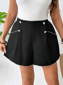 SHEIN Clasi Plus Size Rhinestone Decor Elastic Waist Shorts - Black - View 4