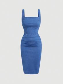 SHEIN MOD 女士牛仔吊带裙，时尚，适合夏季 - 藍色 - 查看 1