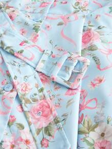 SHEIN MOD Đầm midi in họa tiết hoa cổ bẻ tay ngắn cài nút đơn cho nữ - Màu xanh lam - Xem 4