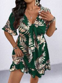 SHEIN Clasi Đầm midi tay ngắn in họa tiết cây nhiệt đới cỡ lớn cho nữ - Màu xanh lá cây đậm - Xem 5