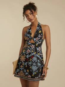 Travachic Vestido corto casual de mujer sin espalda con cuello halter y estampado floral todo sobre todo para vacaciones