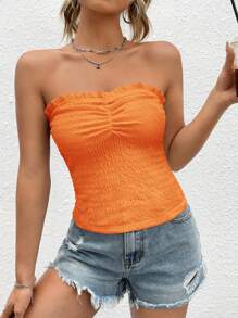 SHEIN EZwear Women's Casual Orange Strapless Knitted Ruched Tube Top: Sleeveless And Regular Length For Everyday Wear - Orange - View 5