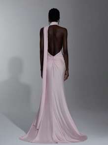 Elitara Elegant Light Pink Luxury Elastic With Scarf Tie Fringe Cup Sexy Backless Twist Mermaid Tail Dress, Suitable For Date, Beach Vacation, Birthday Party, Graduation, Wedding, Gala, Formal, Gown, For Evening, Wedding Guest