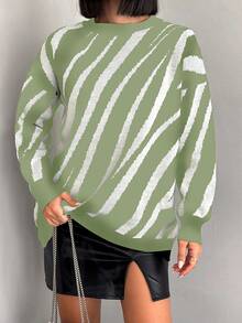 EURMUSE 女士条纹圆领蝙蝠袖休闲宽松针织毛衣 - 薄荷綠 - 查看 3