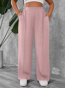SHEIN PETITE CURVE Plus Size Pink Woven Fabric Casual Long Pants With Zipper Detail For Effortless Everyday Style  For Vacation Teacher Outfits For Women