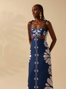 CAJUNI 波西米亚风格女式热带橙色印花无袖系腰连衣裙，宽松休闲沙滩夏装 - 藏蓝色 - 查看 9