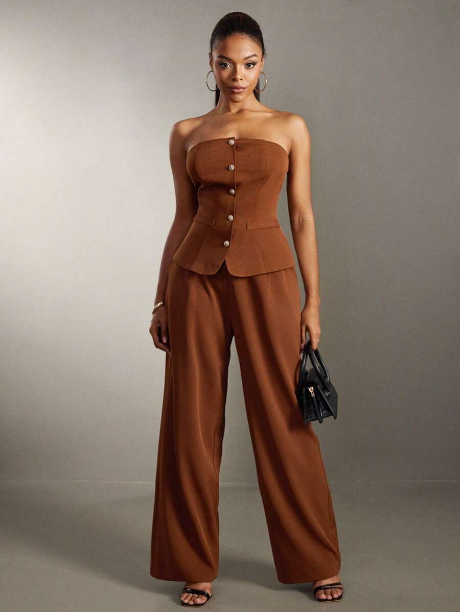 SHEIN SXY Women's Summer Sexy Elegant Minimalist Brown Metal Buckle Decor Vintage Suit Set, Cropped Top And Super Wide-Leg Pants 2Pcs, Suitable For Work, Commute, Date, Party, Birthday, Office, Professional Outfit, Formal Occassion