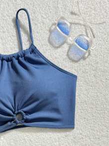 1 Set Teen Girl's Sweet Cute Solid Color Spaghetti Strap Bikini Top And Swim Trunks Swimsuit Summer Holiday