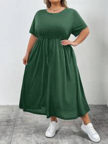 SHEIN CURVE+ Vestido holgado de manga larga negro con cinturón y bolsillos, estilo casual de verano para mujer de talla grande