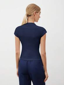 BizChic Women's T-Shirt Spring Solid Color Pleated Short Sleeve Elegant Minimalist Casual Commute Date Daily Vacation Independence Day Graduation Season Music Festival Slimming Elegant Versatile High-End Summer Social Holiday Party Outing Beach Office French Vintage Fresh - Navy Blue - View 2