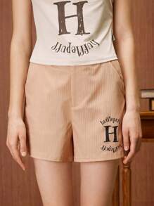 HARRY POTTER X SHEIN 女士夏季条纹字母印花口袋短裤 - 咖啡棕 - 查看 5