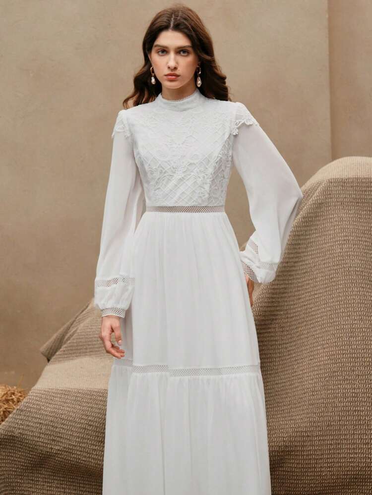 Spring/Summer Women Elegant Contrast Lace Long Sleeve Casual Dress