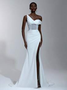 SHEIN Belle 优雅腰部镂空透明网眼不对称颈部不对称高开叉鱼尾下摆婚纱，新娘 - 白色 - 查看 1