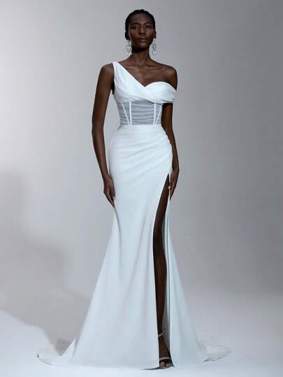 SHEIN Belle Elegant Off Shoulder Waist Cutout Sheer Mesh Asymmetrical Neck Asymmetric High Slit Fishtail Hem Wedding Dress, Bride