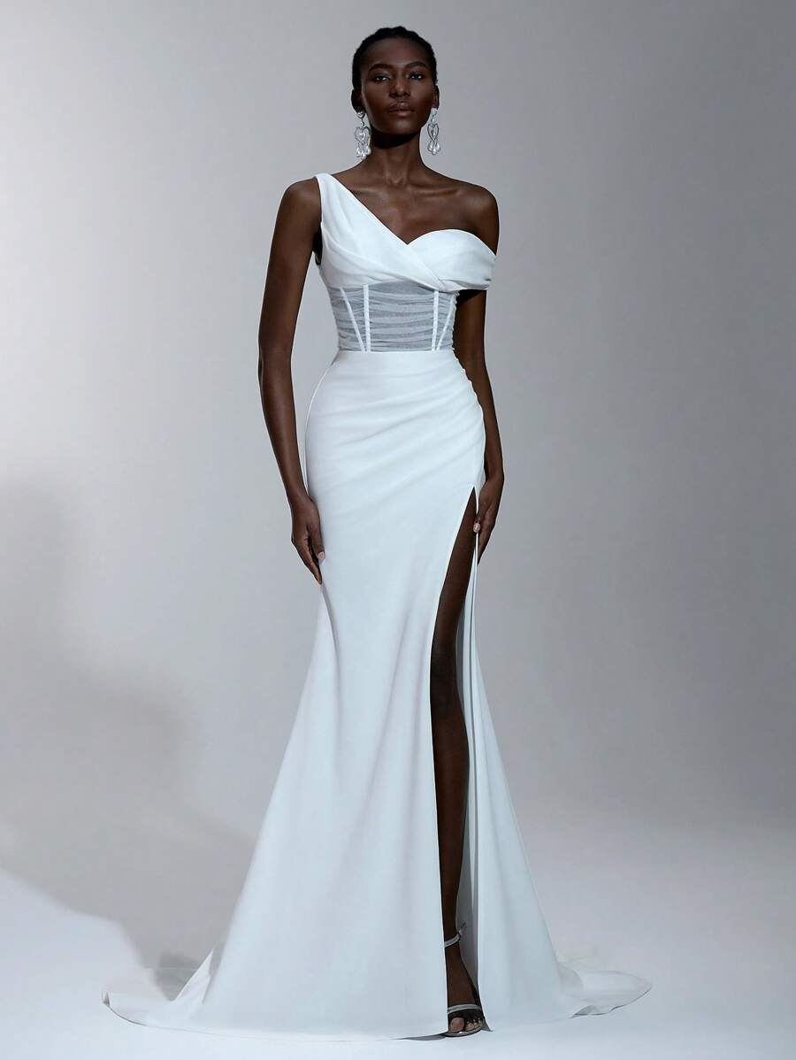 SHEIN Belle 优雅腰部镂空透明网眼不对称颈部不对称高开叉鱼尾下摆婚纱，新娘 - 白色 - 查看 1