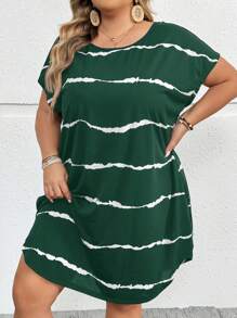 SHEIN CURVE+ 大码女式休闲黑白条纹紧身连衣裙，侧开衩，基本款 T 恤连衣裙，条纹连衣裙，春夏 - 綠色 - 查看 5