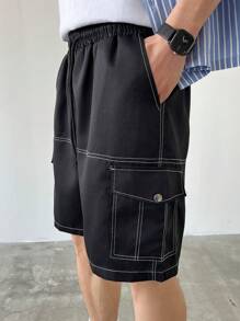 Claim Dot Men's Black Woven Fabric Cargo Shorts With Contrast Stitching And Zipper Detail - Black - View 3