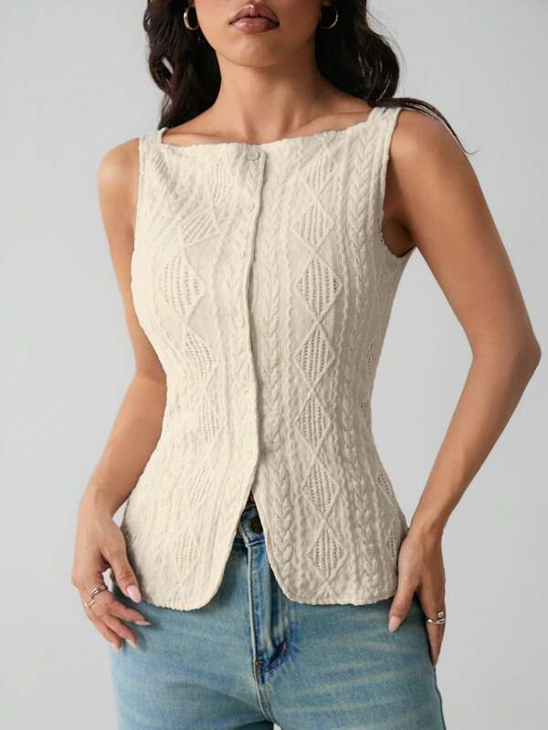 SHEIN PETITE Camisa informal de mujer sin mangas, de un solo pecho, con textura geométrica, de tela con microelástico y ajuste ceñido. Elegante y de moda para el trabajo, una simple camiseta casual de verano de estilo occidental