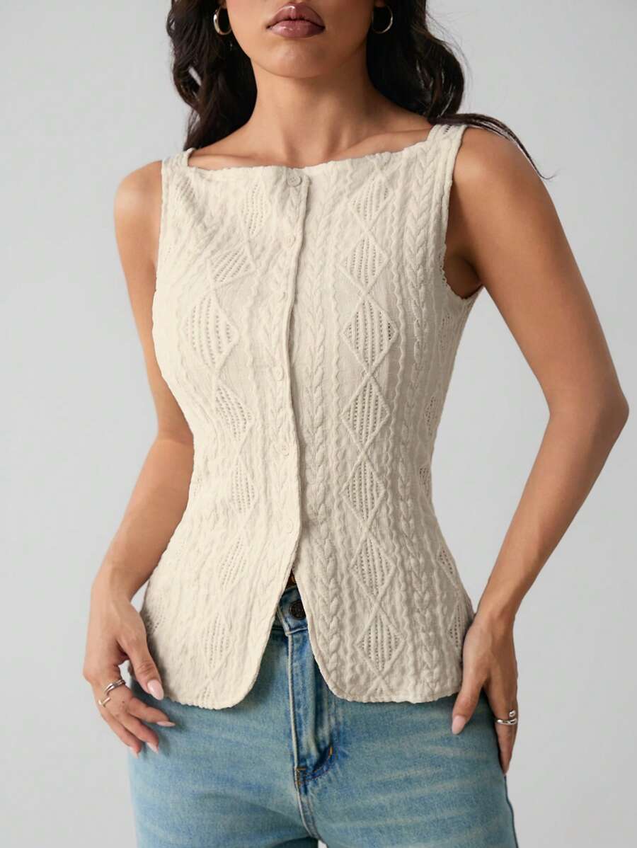 SHEIN PETITE 女式无袖几何纹理单排扣休闲衬衫，几何纹理和微弹力面料，女式修身背心，优雅时尚，适合通勤，简约时尚休闲日常吊带背心，春夏，无袖上衣，老式衬衫，女士西装 - 杏色 - 查看 1