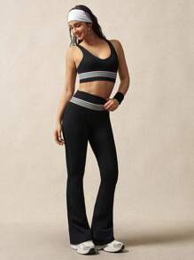 VARSITIE 女士条纹喇叭紧身裤，休闲健身运动紧身裤 - 黑色 - 查看 7