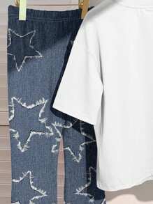SHEIN 2 件套青少年女孩酷女孩星星印花休闲简约短袖上衣和裤子套装，适合夏季 - 彩色 - 查看 6