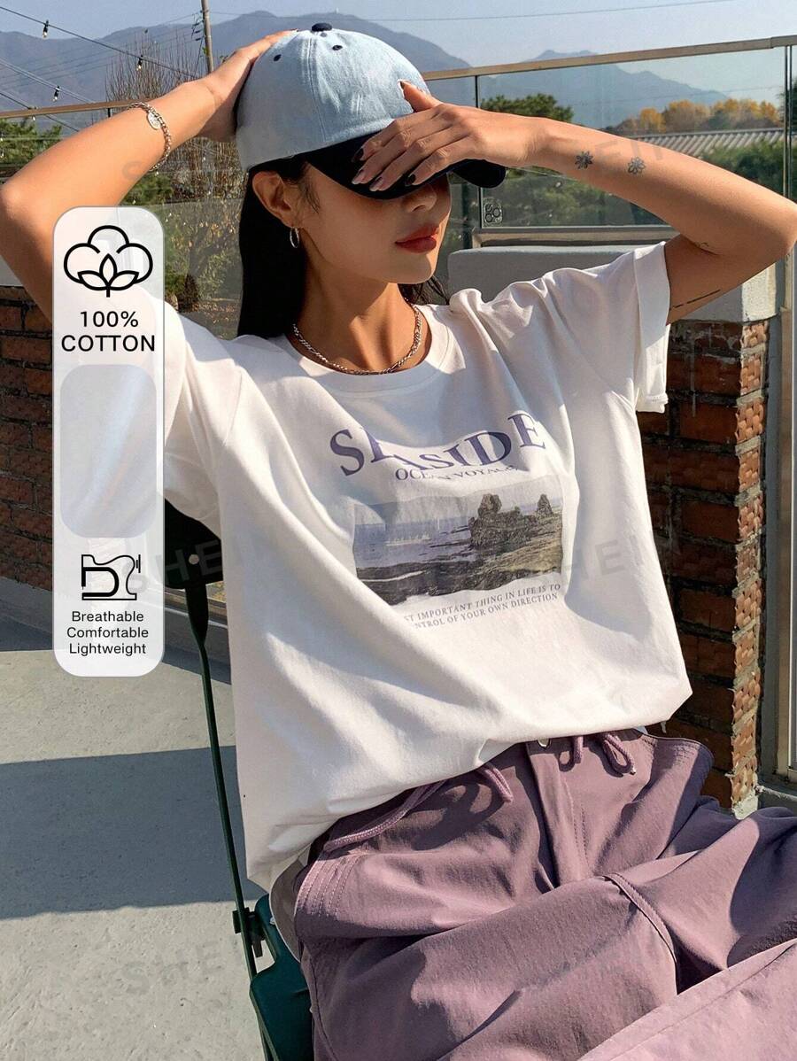 DAZY Camiseta oversize con gráfico de paisaje y eslogan, cuello caído