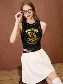 HARRY POTTER X SHEIN Women's Casual Summer College Style Badge Hot Stamping Round Neck Black Slim Vest