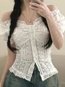 DAZY Áo cánh trễ vai viền bèo nhún cài đơn thời trang thu đông cho nữ - trắng - Xem 5