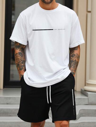 Manfinity Homme Plus Size Men's Letter Print Round Neck Short Sleeve T-Shirt And Drawstring Waist Shorts Casual Set, Cozy Outfits