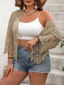 SHEIN VCAY Plus Size Solid Color Hollow Out Knit Cardigan, Vacation Style