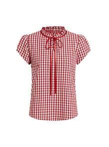 Ellevyn Women's Short Sleeve Bowknot Ruffle Plaid Checkered Elegant Casual Vacation Picnic Shirt, Spring/Summer - Red and White - View 6