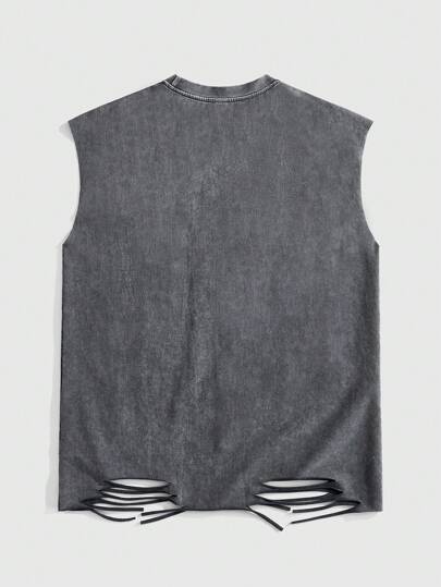 Goth Camiseta de tirantes casual con cuello redondo y estampado de eslogan para hombre, con diseño rasgado