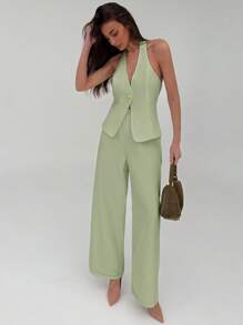 Aloruh Elegant Commuter Solid Color Metal Buckle Decor Cardigan And Straight Leg Pants Two Pieces Outfit, Versatile For Outings