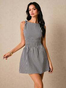 Poéselle Vestido mini de mujer con cuello redondo, sin mangas y cintura ajustada a cuadros