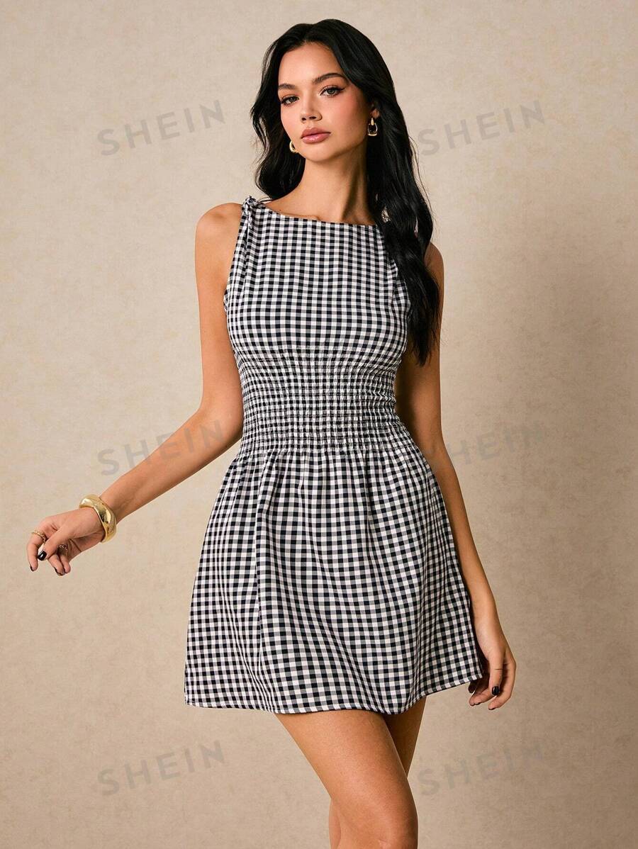 Poéselle Vestido mini de mujer con cuello redondo, sin mangas y cintura ajustada a cuadros