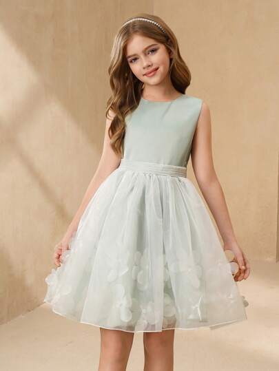 SHEIN 花童新款设计女童公主短裙薄纱蓬松礼服背心钢琴表演服装连衣裙