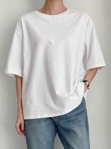 Dazy-Less Áo thun nữ tay ngắn cổ tròn tối giản, rộng rãi, thoải mái, phù hợp cho mùa hè, công sở, mặc đi làm - trắng - Xem 4