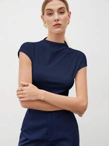 BizChic Women's T-Shirt Spring Solid Color Pleated Short Sleeve Elegant Minimalist Casual Commute Date Daily Vacation Independence Day Graduation Season Music Festival Slimming Elegant Versatile High-End Summer Social Holiday Party Outing Beach Office French Vintage Fresh - Navy Blue - View 6