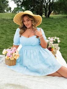 Flirla 加大码双层提花雪纺可爱泡泡袖优雅及膝茶会度假连衣裙 - 淺藍色 - 查看 5