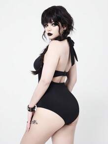 ROMWE Goth Traje de baño de una pieza con estampado de murciélago vampiro sexy gótico, Halloween