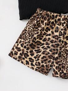 SHEIN Leap Crew 2件套少女休闲度假纯色短袖上衣和豹纹短裤套装 - 黑色 - 查看 5
