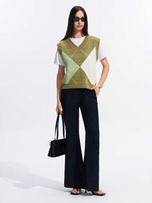 LYSMO Chaleco de punto con escote en V, casual, con patrón de diamantes estilo universitario para mujeres