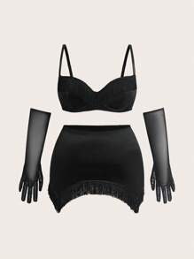 SHEIN 5قطع/طقم ملابس داخلية سيكة بتصميم تنورة مذنبة, مناسبة لمهرجانات الموسيقي - الأسود - مشاهدة 11