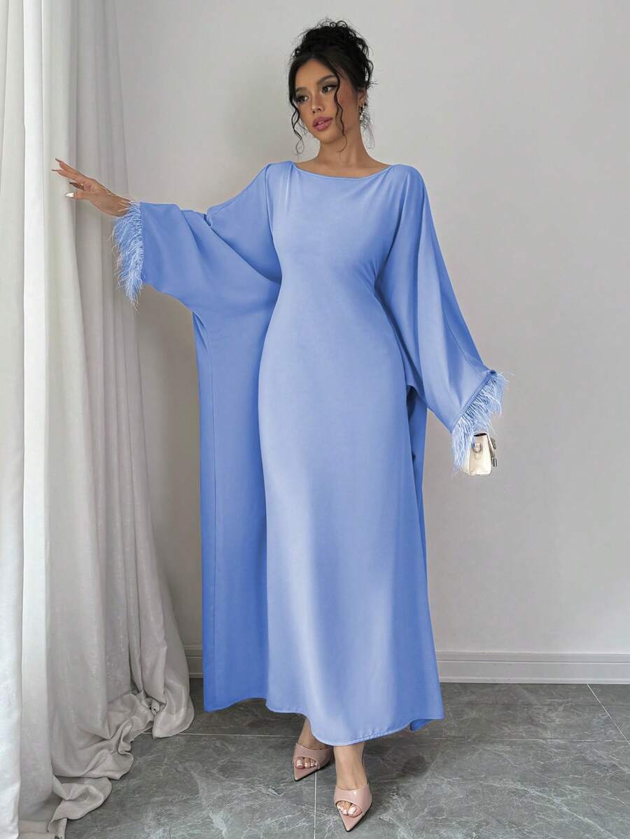 Rafferiza 女式休闲宽松抽绳羽毛装饰连衣裙，时尚秋季长款女装