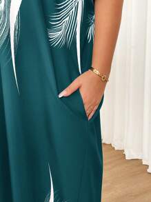 SHEIN CURVE+ Spring And Summer Autumn And Winter Elegant Navy Blue Woven Notched Kaftan Dress Plus Size Dresses - Green - View 7