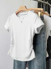 Camiseta casual versátil de mujer de unicolor, cuello redondo, manga corta y plisada